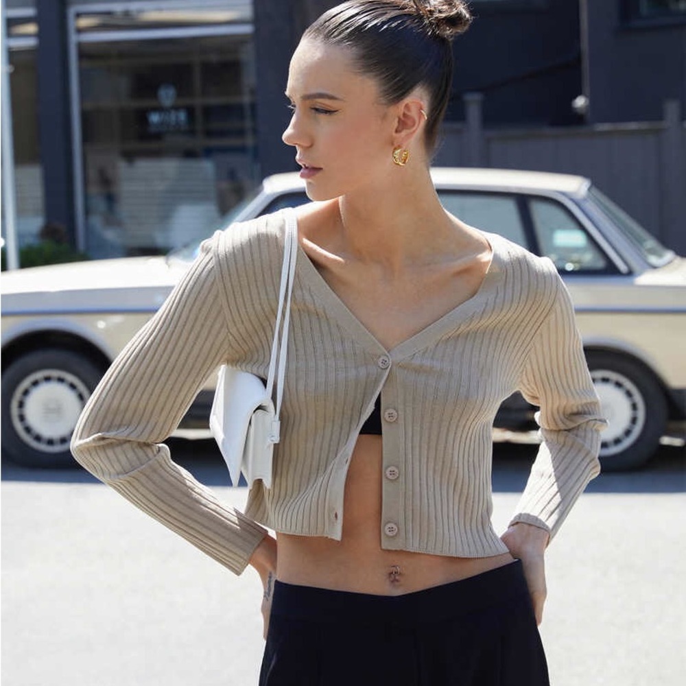 OAK + FORT Rib Knit Long Sleeve Cropped Cardigan